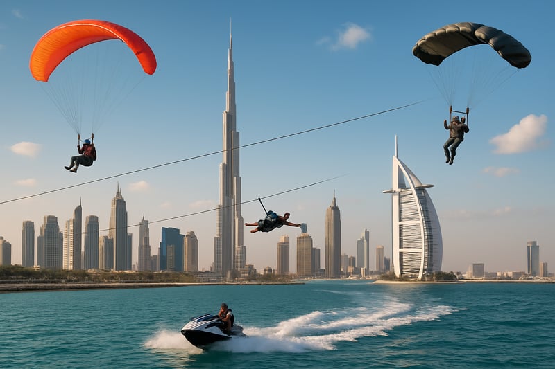 Skyline of Dubai with iconic landmarks and adventure activities