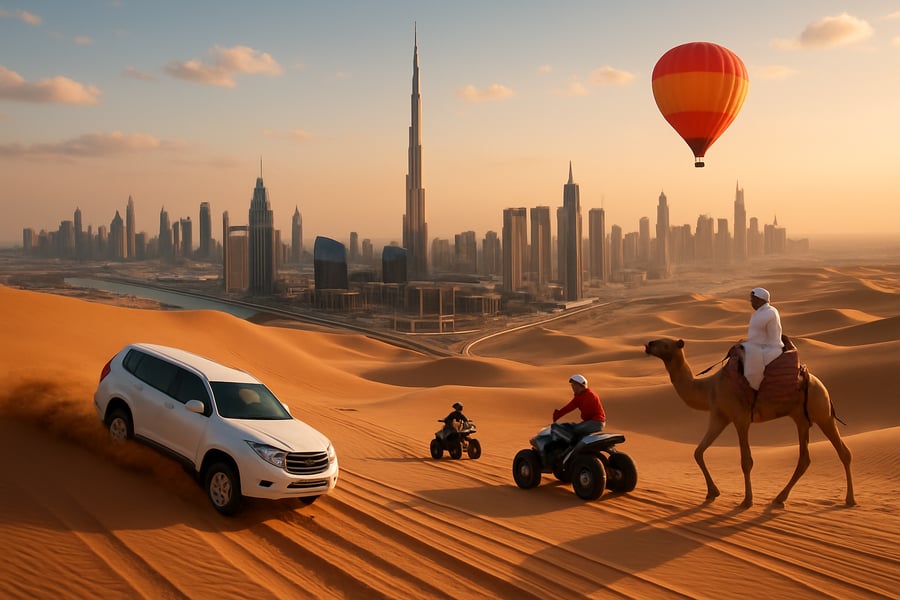 Stunning Dubai skyline with iconic Burj Khalifa and desert adventure activities