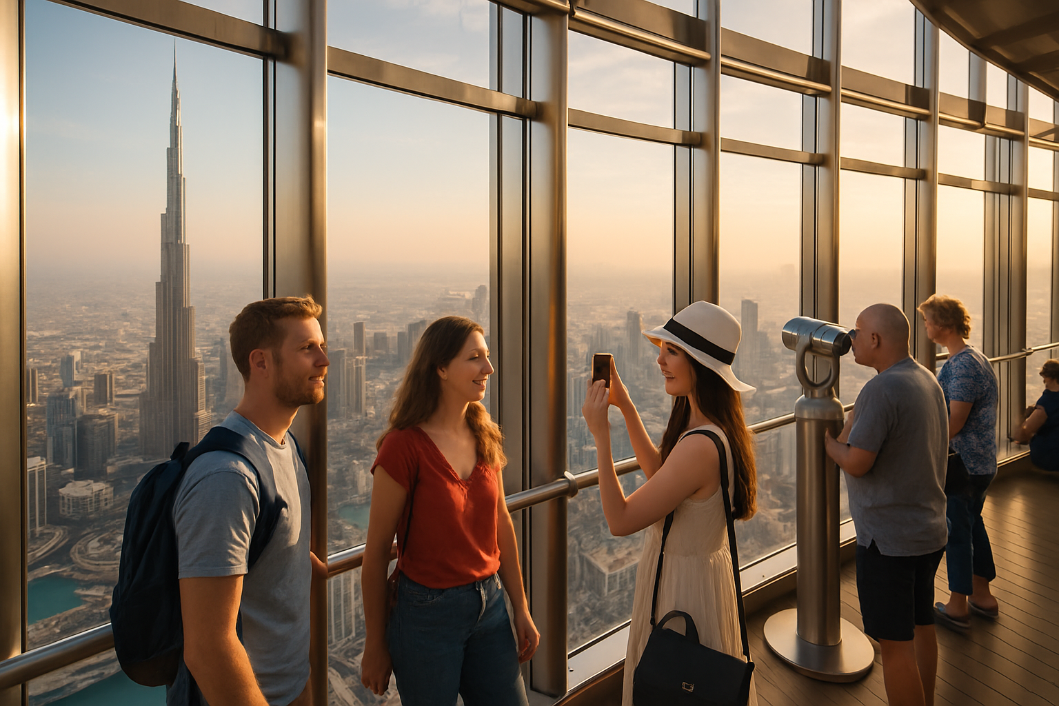 Tourists enjoying the view from Burj Khalifa observation deck